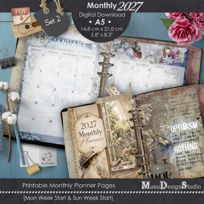 Printable A5 monthly planner inserts for 2027 with vintage floral botanical and seasonal design and weekly layouts in a 6-ring binder organizer.