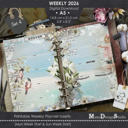 Weekly Planner Inserts 2026 in size A5, no boring pages anymore, beautiful fresh vintage design, printable PDF, no waiting time, instant download, Monday and Sunday Start week