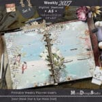 Vintage Weekly Planner Inserts 2027 A5 printable PDF with floral scrapbook design, Monday and Sunday start layouts.