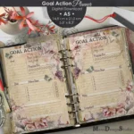 Vintage shabby chic A5 Goal Action Planner printable mockup: Open ring binder with distressed antique paper pages featuring faded blushing roses, lace borders, progress bars, action steps checkboxes, and notes sections, styled on a wooden surface with dried flowers and doily accents.