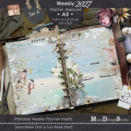 Vintage Weekly Planner Inserts 2027 A5 printable PDF with floral scrapbook design, Monday and Sunday start layouts.
