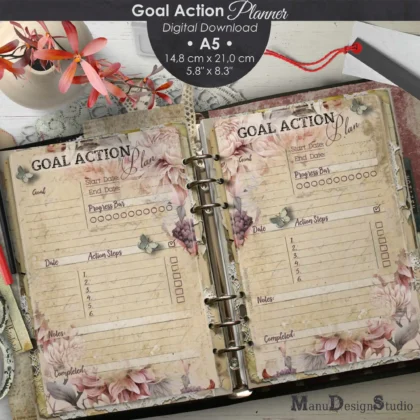 Vintage shabby chic A5 Goal Action Planner printable mockup: Open ring binder with distressed antique paper pages featuring faded blushing roses, lace borders, progress bars, action steps checkboxes, and notes sections, styled on a wooden surface with dried flowers and doily accents.