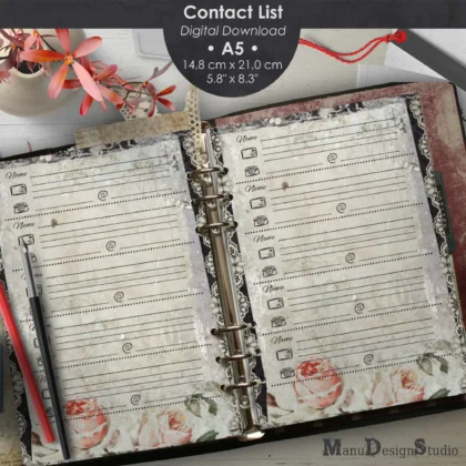 Printable Contacts List Size A5, digital download, PDF file, beautiful vintage style with roses and laces and icons for name, email, address and phone number