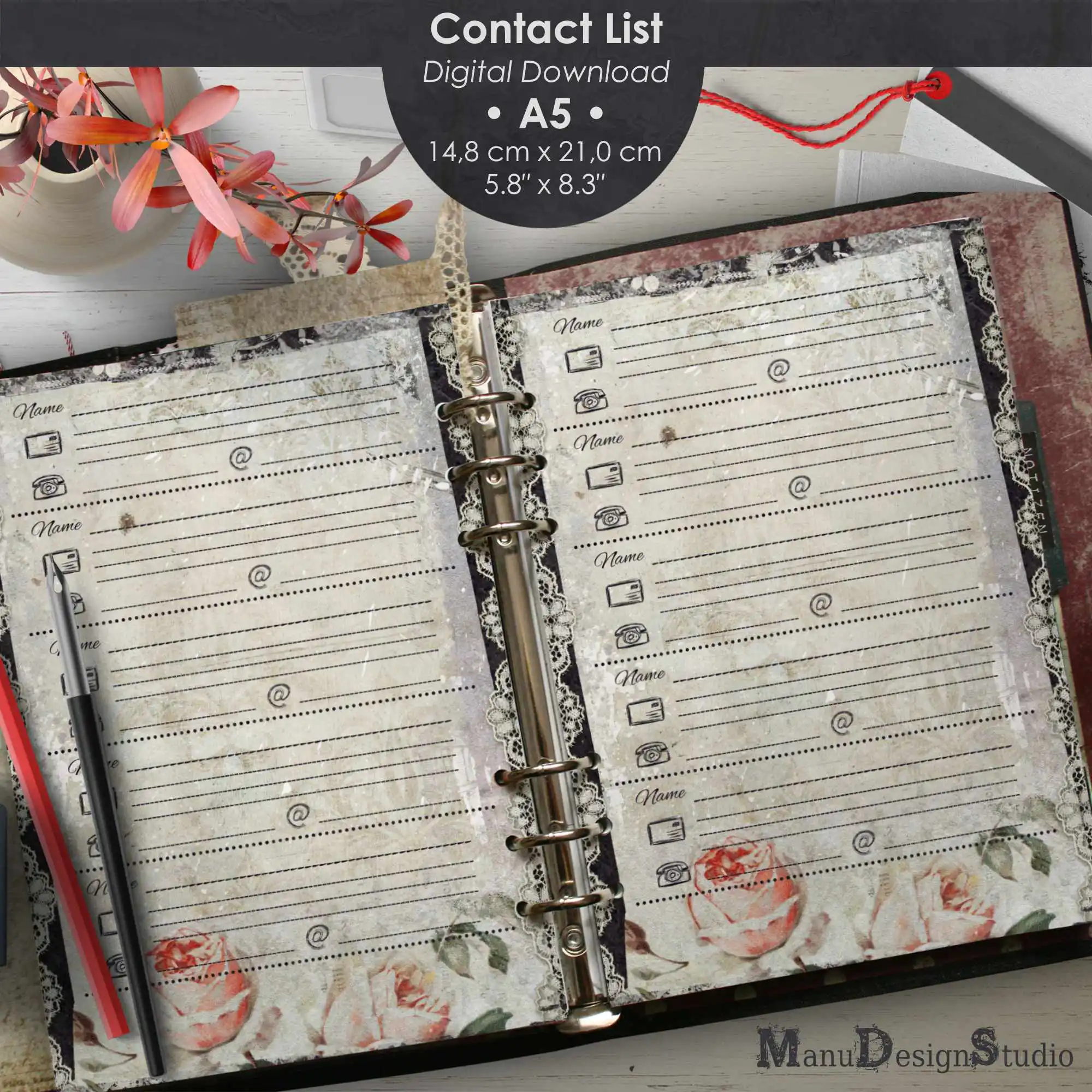Printable Contacts List Size A5, digital download, PDF file, beautiful vintage style with roses and laces and icons for name, email, address and phone number