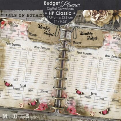 Digital printable pdf budget planner tracker in beautiful brown, beige and pink flowers vintage design, Happy Planner Classic size, 7x9.25 inch Instant access, no waiting for shipping. Print at home, as many times as needed. No shipping costs or customs fees. Easy reprints for mistakes or extras. Eco-friendly, print only what you need. Perfect for last-minute use or gifting.