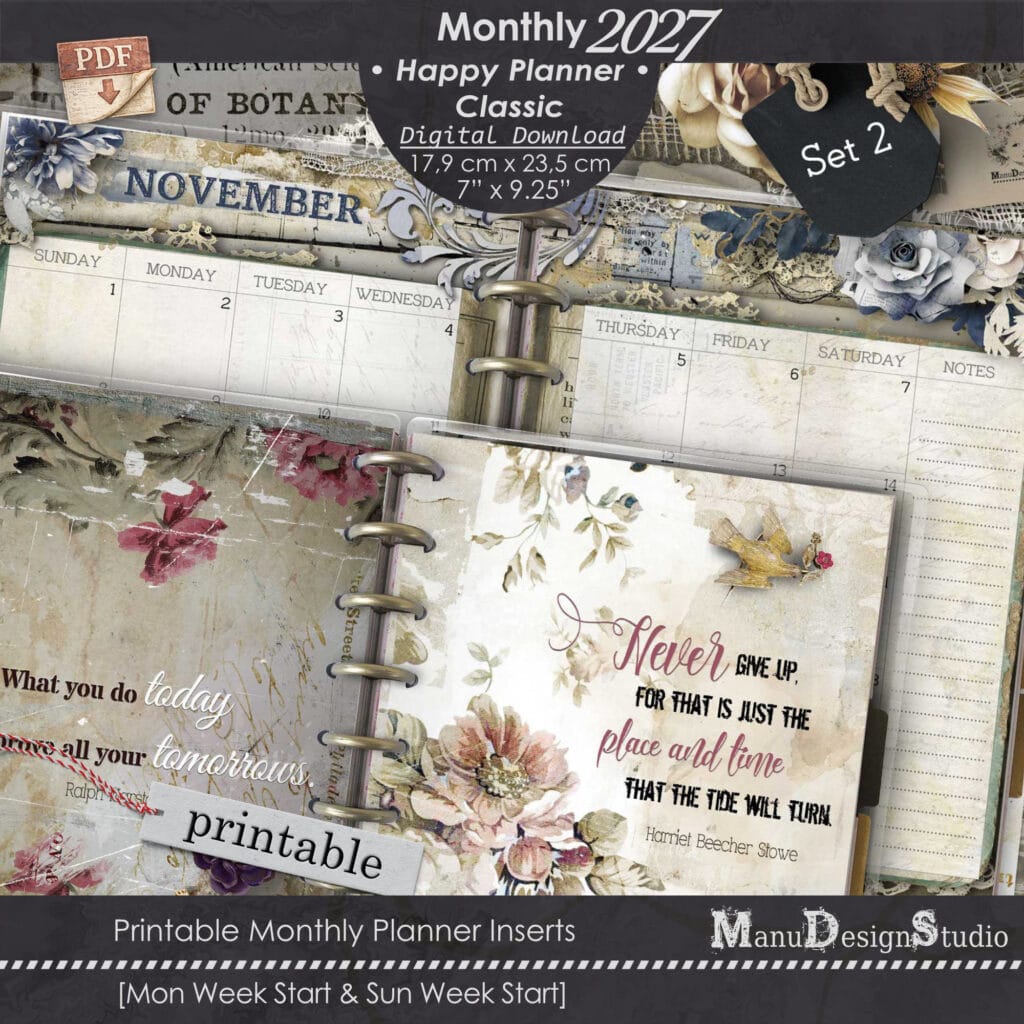 Happy Planner Classic monthly planner inserts 2027 printable PDF, vintage design