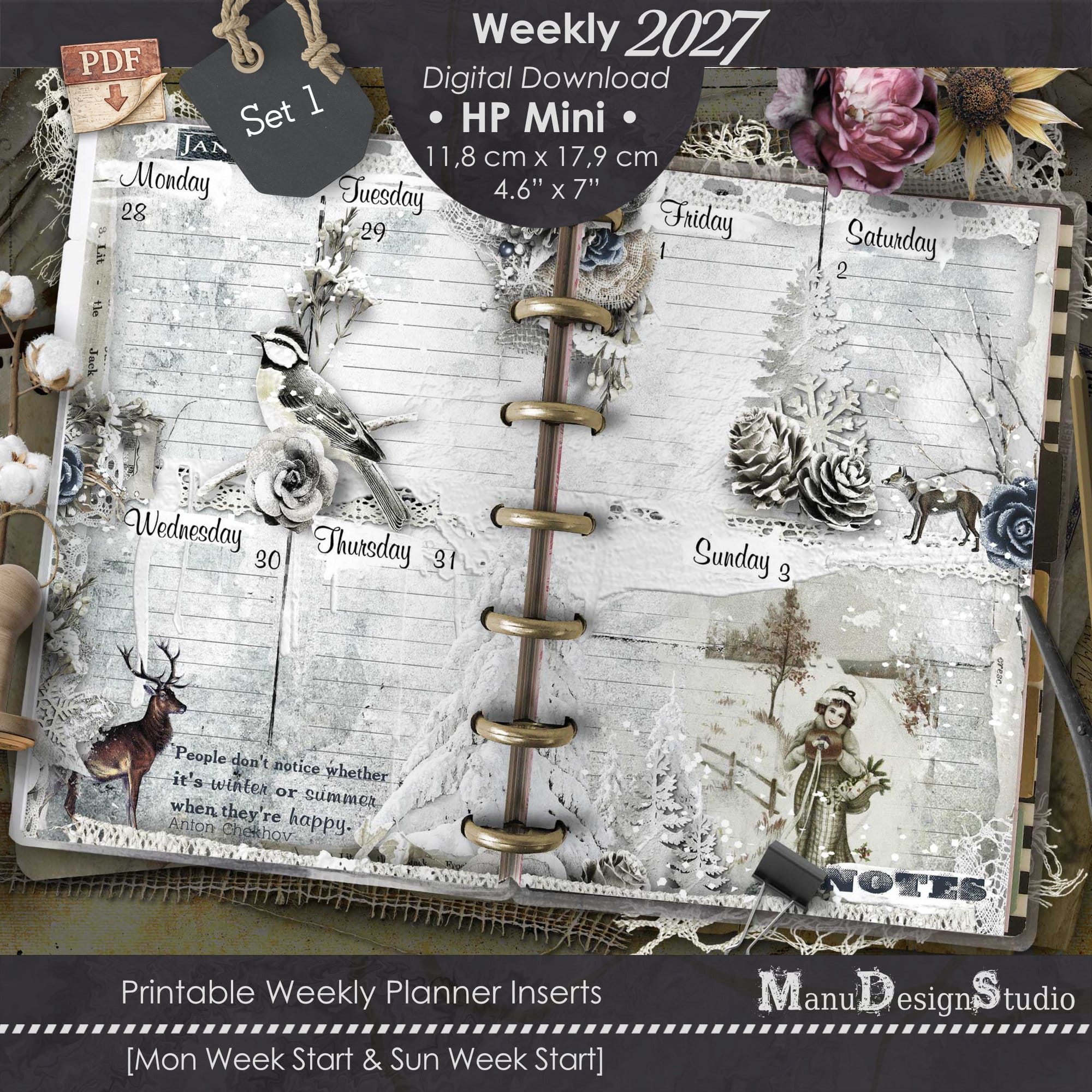 2027 Happy Planner Mini weekly printable inserts, Set 1, vintage winter design