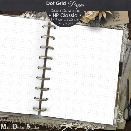 Mockup of an open disc-bound planner with dot grid pages in Happy Planner Classic size (7 x 9.25 inches / 17.9 x 23.5 cm). The pages feature a subtle light gray dot grid pattern, surrounded by a vintage aesthetic with lace, flowers, ribbons, and scissors on a textured background. Overlay text reads 'Dot Grid Paper Digital Download • HP Classic • 17.9 cm x 23.5 cm 7" x 9.25"