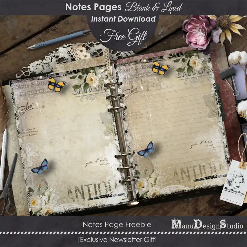 Free Printable Planner Pages, for Junk Journals too, Lined & Blank, distressed texture, decorated with butterflies, lace, antique letters, grungy and coffee stains