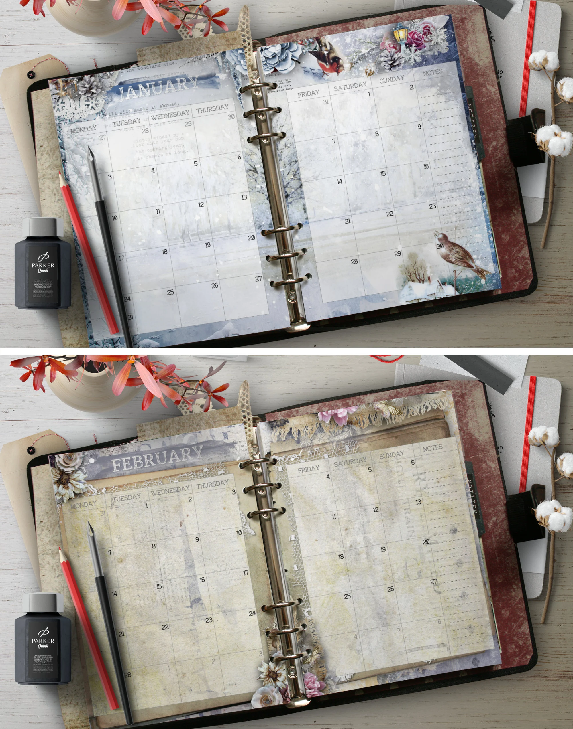 printable A5 Monthly Planner Refill Pages 2026, beautiful Vintage design, PDF Instant Download