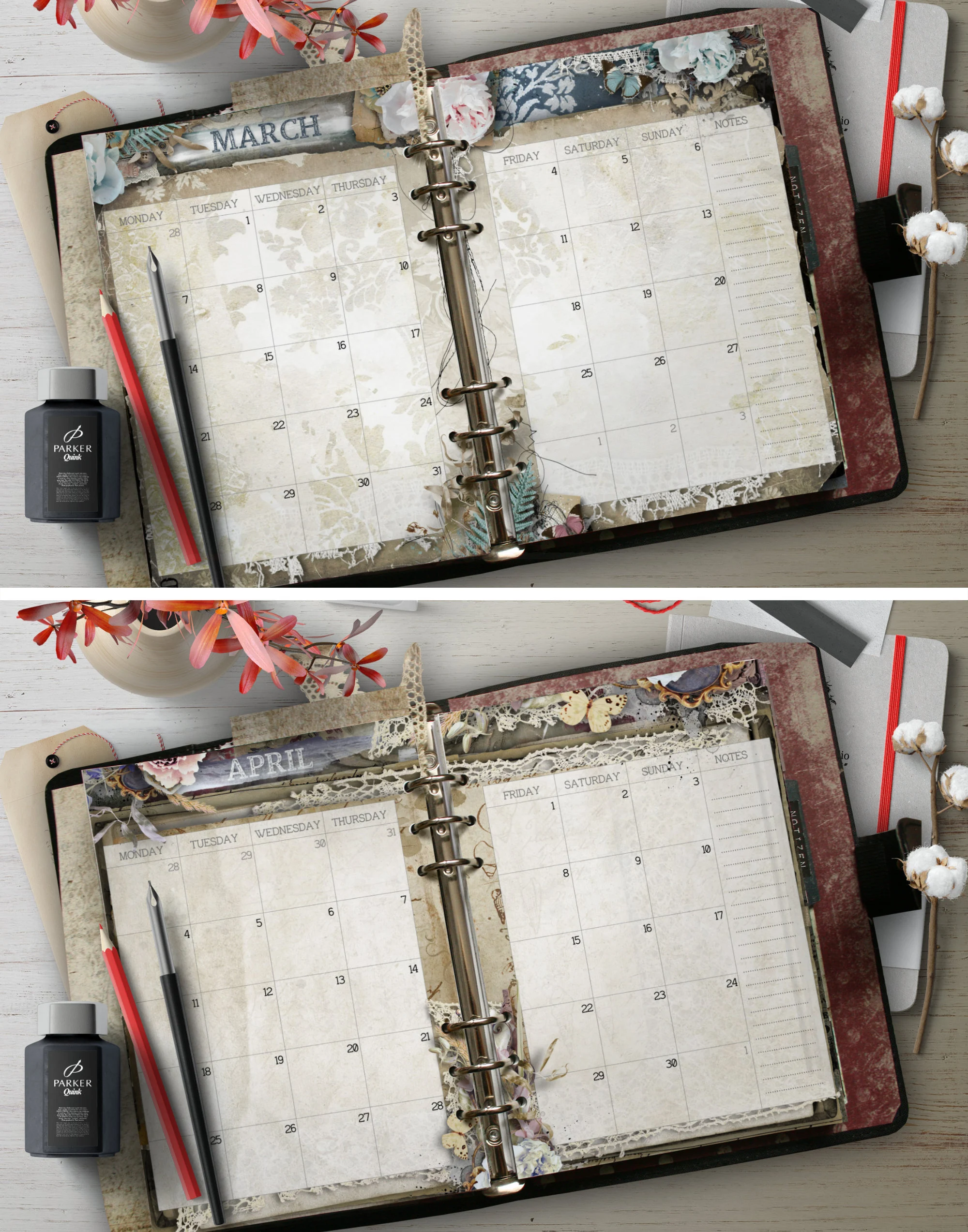 printable A5 Monthly Planner Refill Pages 2026, beautiful Vintage design, PDF Instant Download