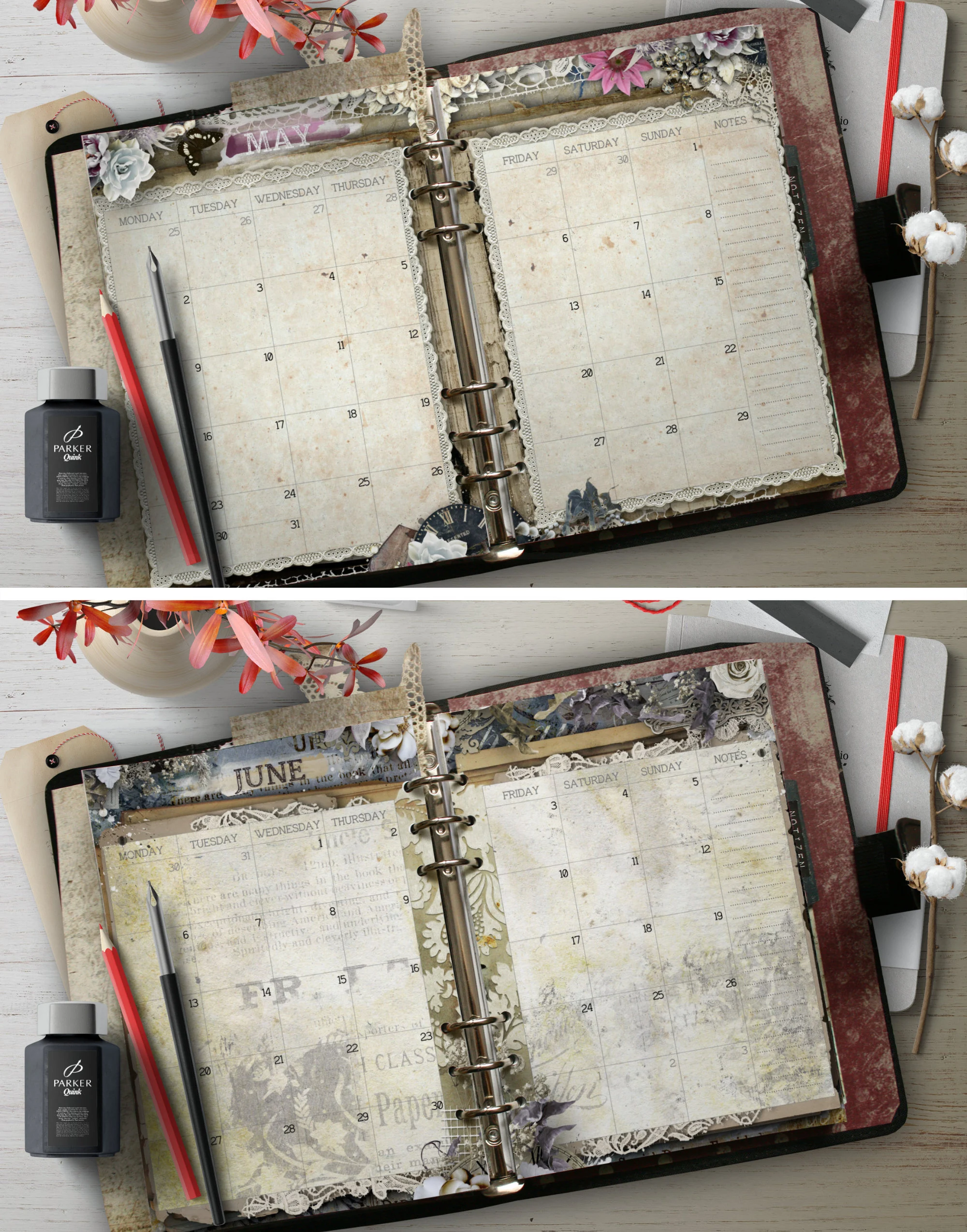 printable A5 Monthly Planner Refill Pages 2026, beautiful Vintage design, PDF Instant Download