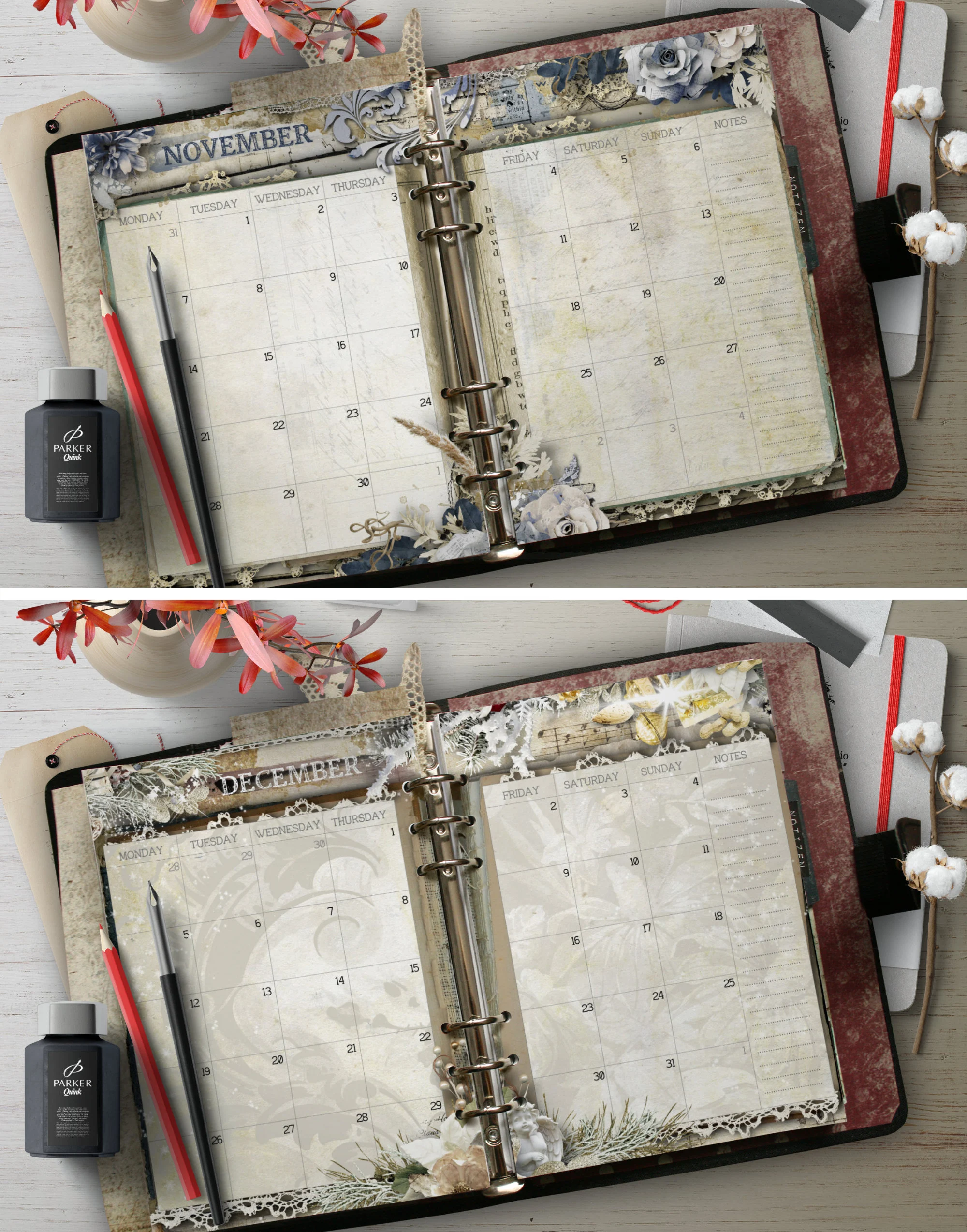 printable A5 Monthly Planner Refill Pages 2026, beautiful Vintage design, PDF Instant Download