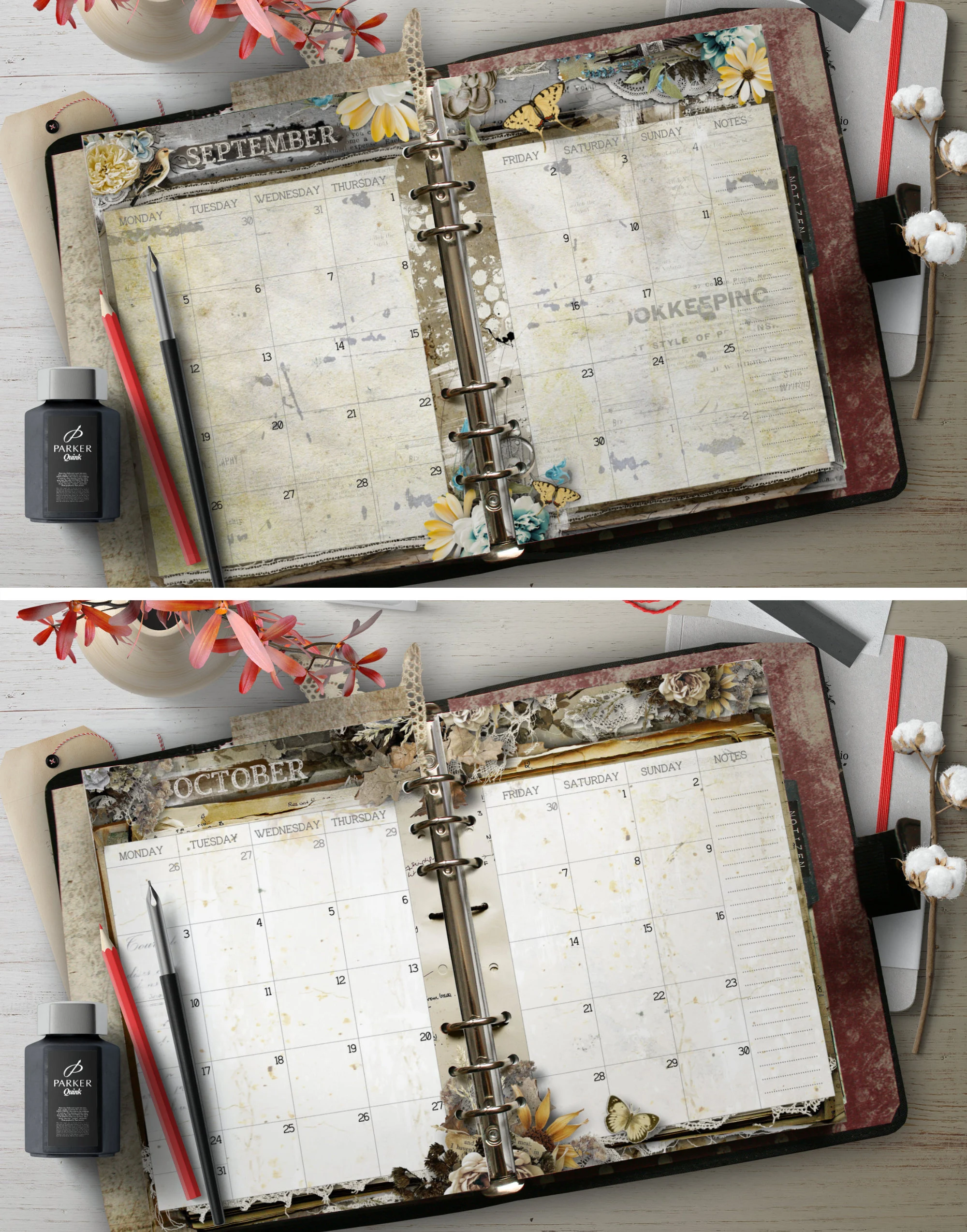 printable A5 Monthly Planner Refill Pages 2026, beautiful Vintage design, PDF Instant Download