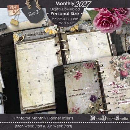 Collage of planner inserts and calendar pages with floral decorations, promoting printable monthly planner inserts.