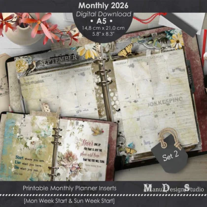 Monthly Printable Planner Pages A5 - 2026, Vintage Charm Digital Download PDF, High Resolution, Monday as well as Sunday Start