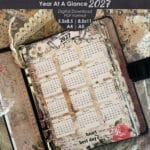 A digital download planner for 2027, featuring monthly calendars with a vintage aesthetic. The planner includes the text "Year At A Glance 2027" and is available in 5.5x8.5 and 8.5x11 inch and A4 and A5 sizes. The design incorporates floral and script elements.