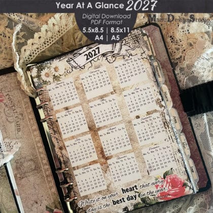 A digital download planner for 2027, featuring monthly calendars with a vintage aesthetic. The planner includes the text "Year At A Glance 2027" and is available in 5.5x8.5 and 8.5x11 inch and A4 and A5 sizes. The design incorporates floral and script elements.
