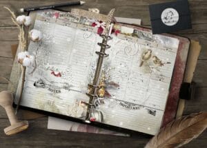 Vintage A5 printable planner insert 2026: December Week 49 weekly layout with snowy winter scene, birds on branches, Christmas decorations, notes and important sections in cozy shabby chic style.
