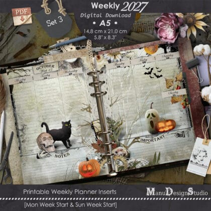 A5 Printable Weekly Planner Inserts 2027 Set 3 with vintage Halloween design, Monday and Sunday start, printable PDF planner pages