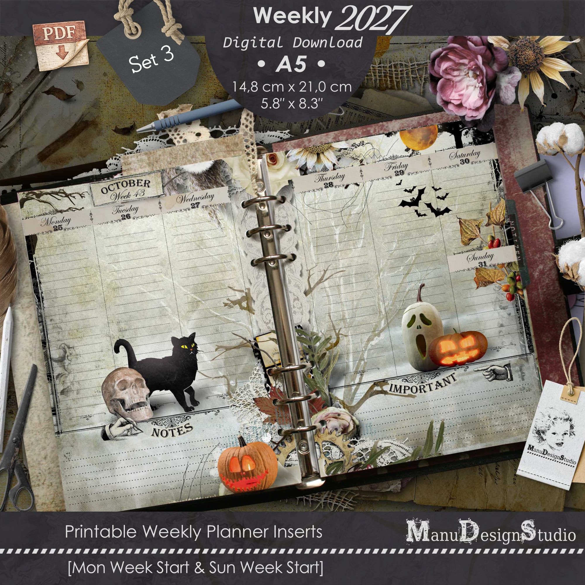 A5 Printable Weekly Planner Inserts 2027 Set 3 with vintage Halloween design, Monday and Sunday start, printable PDF planner pages