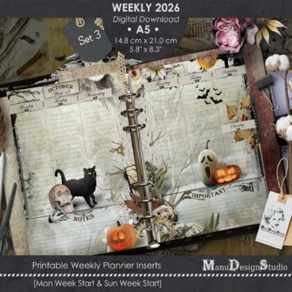 A5 Printable Planner Inserts 2026: October Week 43 weekly layout in spooky Halloween theme with black cat, jack-o-lantern pumpkin, ghost, skull, bats, cobwebs, autumn leaves and notes section in shabby chic style.