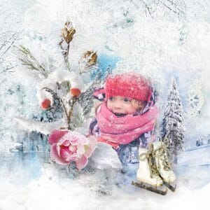 A young girl wearing a pink hat and scarf smiles while looking at a pair of white ice skates. The background is a snowy winter scene with a frosted flower and a snowy tree.