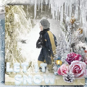 A child wearing a blue winter coat and hat walks through a snowy forest. The text "LET IT SNOW" is written in white letters on a brown background. The image is decorated with icicles, snowflakes, and pink roses.