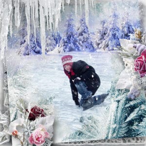 A young person wearing a red hat and black jacket is ice skating on a snowy surface. The background features a snowy forest with icicles hanging from the top of the image.