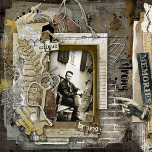 Showing a digital scrapbook inspiration page with distressed, textured masculine papers and it has a vintage feel. Great for masculine projects and Fathers Day
