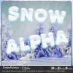 snowy winter scene with the words "SNOW ALPHA" written in white, puffy letters against a blue and white background. The text is in a bold, uppercase font.