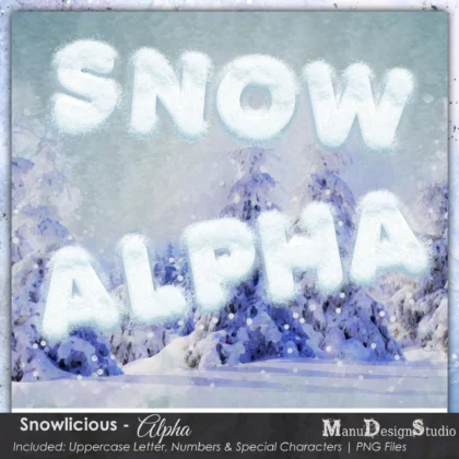 snowy winter scene with the words "SNOW ALPHA" written in white, puffy letters against a blue and white background. The text is in a bold, uppercase font.