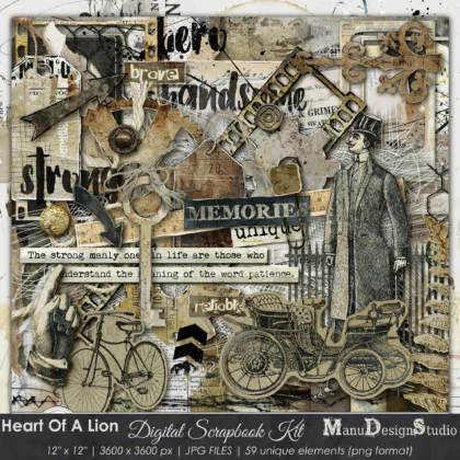 Digital scrapbooking kit with vintage elements and background papers. The kit features a variety of images, including a man in a suit, a bicycle, a car, and various text elements. The images are in black and white and yellow, orange, beige, sepia and have a distressed look. Perfect for junk journaling, masculine projects and Fathers Day