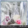 Frosty winter mini scrapbook kit cluster with ice-kissed pink rose, frosted branches, cascading icicles, snow-dusted leaf, pine cones, and clustered winter trees in soft pastel blue-gray tones – Snowlicious AddOn by ManuDesignStudio