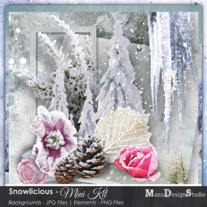Frosty winter mini scrapbook kit cluster with ice-kissed pink rose, frosted branches, cascading icicles, snow-dusted leaf, pine cones, and clustered winter trees in soft pastel blue-gray tones – Snowlicious AddOn by ManuDesignStudio
