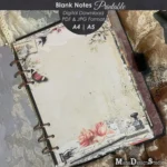 Vintage blank notes printable insert in an open ring binder planner. Distressed antique parchment background with soft pink roses, butterflies, lace overlays, antique script snippets, and a pointing hand detail. Shabby chic romantic style for A4 and A5 planners, digital download PDF and JPG.