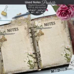 Vintage lined notes pages, printable. Beautiful decorated with birds and orchids. borders with old, distressed paper and laces. Top title says Notes and below a pencil. Vintage style. Available in A6, A5, A$, Half Letter Size and Letter size. Instant download. Pdf & Jpg files