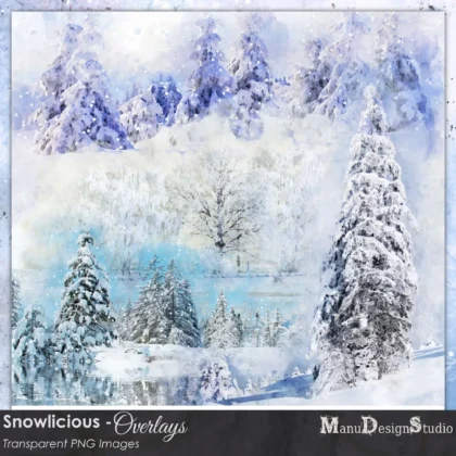 Watercolor painted overlays of snowy winter scenes with a variety of pine trees covered in snow. The trees are in a forest setting with a blue sky and white clouds in the background. The painting has a soft, dreamy feel.