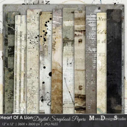 A set of 10 digital scrapbook papers featuring distressed textures, vintage typography, and ink splatters in shades of brown, gray, and black. The papers are perfect for adding a vintage or industrial feel to your scrapbook layouts, cards, and other paper crafts. Ideal for Fathers Day and any masculine projects like junk journals