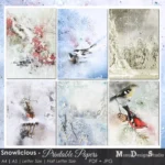 Twenty digital papers featuring winter scenes with snowy trees, a wolf, a cardinal and a robin. The papers are in a watercolor style with a textured background. The papers are 8.5 inches by 11 inches, 5.5 inches by 8.5 inches, A4 size and A5 size. Formats included PDF + JPG