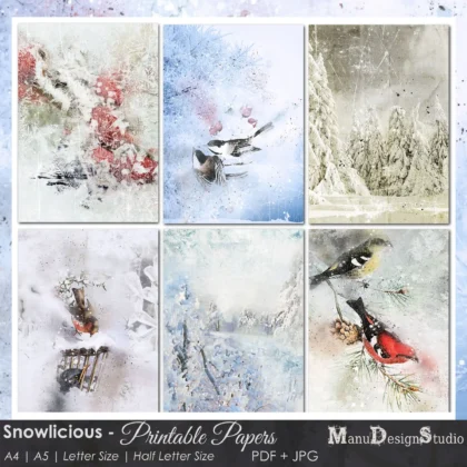 Twenty digital papers featuring winter scenes with snowy trees, a wolf, a cardinal and a robin. The papers are in a watercolor style with a textured background. The papers are 8.5 inches by 11 inches, 5.5 inches by 8.5 inches, A4 size and A5 size. Formats included PDF + JPG