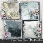 Four digital scrapbook papers with a winter theme. The papers feature a snowy forest, icy patterns, and a vintage aesthetic. The papers are perfect for creating winter-themed scrapbook pages, cards, and other crafts. The paper pack includes layered TIFF, PSD, and JPG files. Kind of quick pages for quick and easy digital scrapbooking