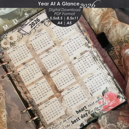 A planner page of a calendar for the year 2026, featuring monthly calendars on individual squares. The design includes floral and vintage-style elements, with a banner reading "2026" at the top. A quote by Ralph Waldo Emerson is at the bottom.