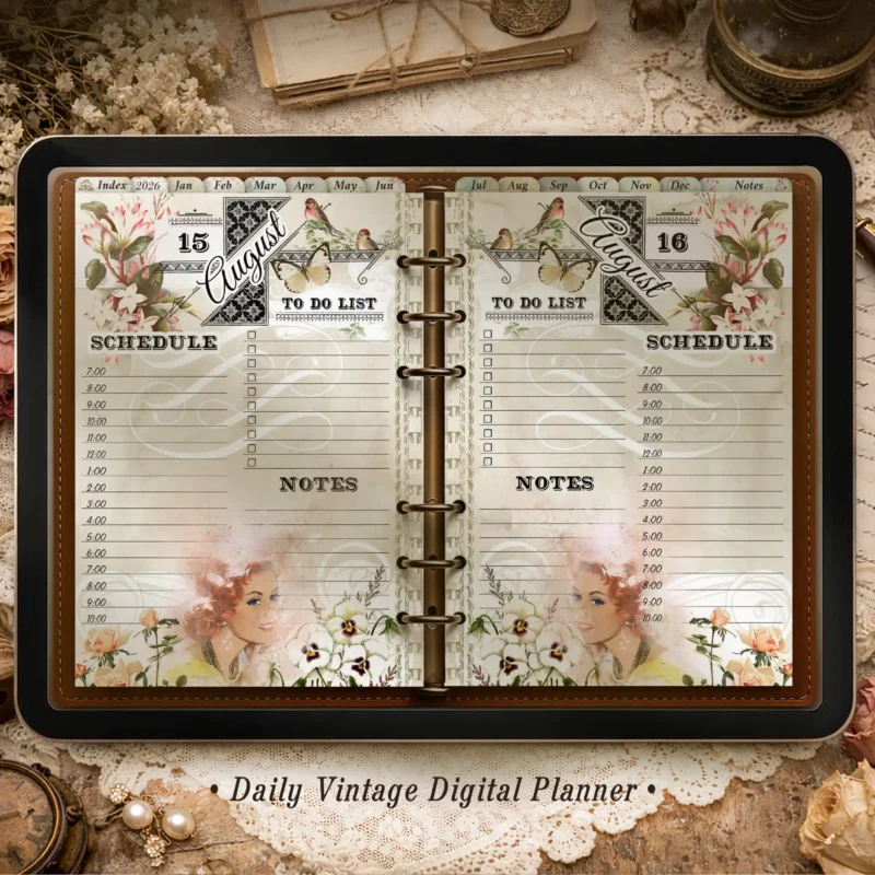 Vintage Daily Digital Planner 2026 for iPad | Illustrated Planner