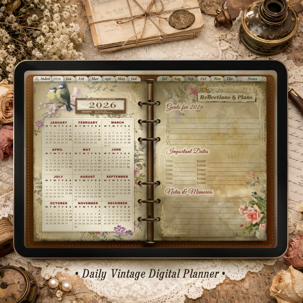 Vintage Daily Digital Planner 2026 for iPad | Illustrated Planner