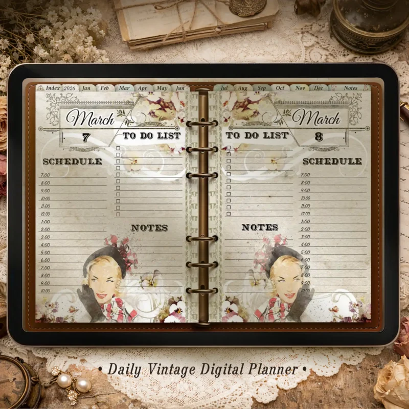 Vintage Daily Digital Planner 2026 for iPad | Illustrated Planner