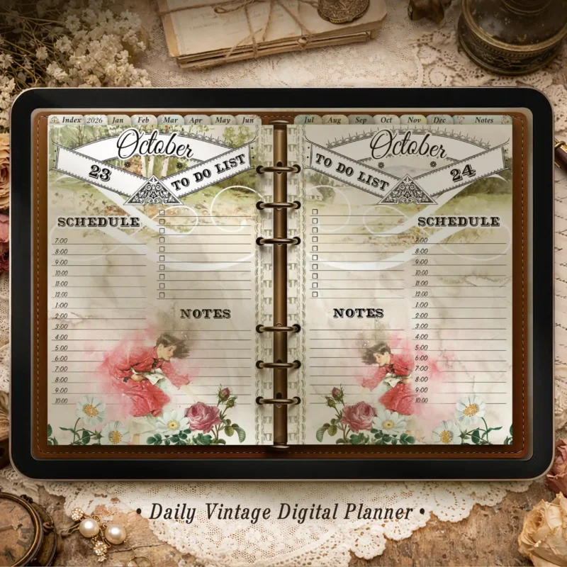 Vintage Daily Digital Planner 2026 for iPad | Illustrated Planner