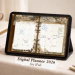 Digital planner 2026 displayed on an iPad with a vintage-inspired monthly calendar layout