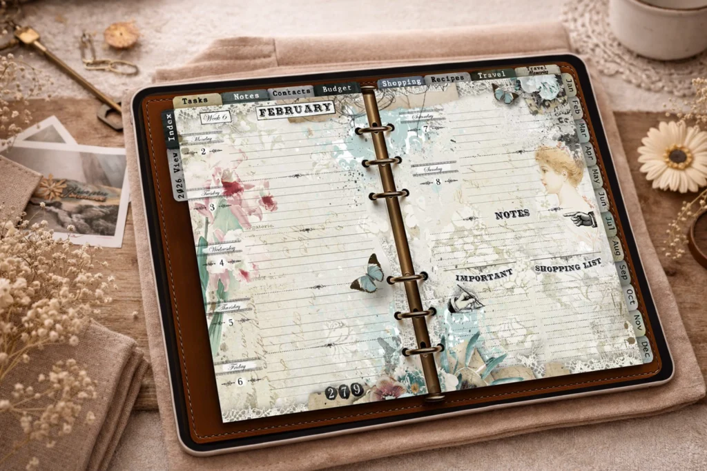 Calm weekly digital planner layout displayed on an iPad