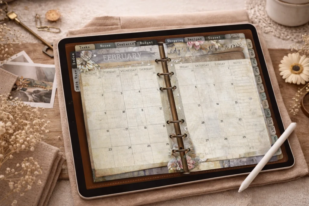Monthly digital planner spread displayed on an iPad with an Apple Pencil placed beside it